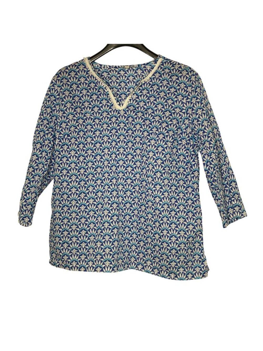 Talbots Geometric Bauble Neckline Cotton Top Blue Sz LG PETITE Resort